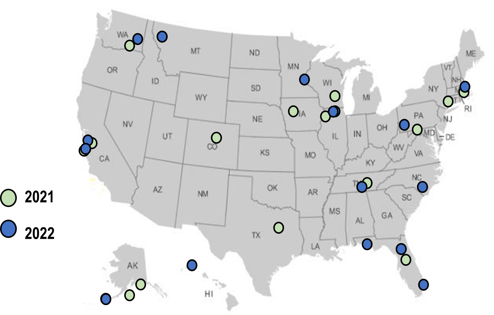 Map of 2021 and 2022 partners of the NREL Waste to Energy Technical Assistance Program